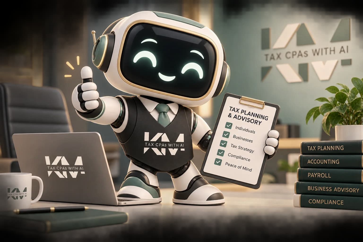 The K&M Assistant robot holding a tax planning and advisory checklist
